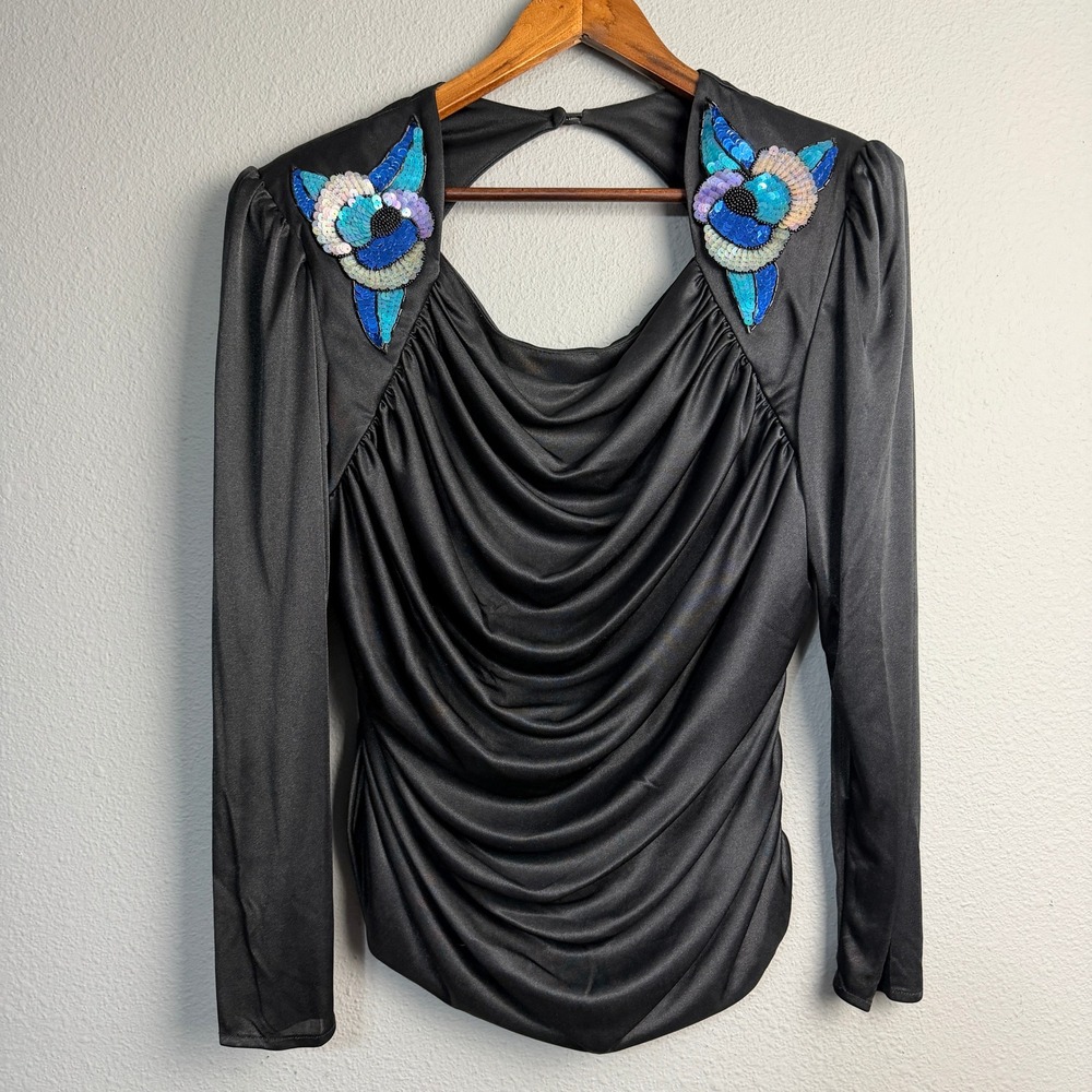 Vtg Abby Kent Black Long Sleeve Ruched Sequin Flower Cutout Back Party Top 14